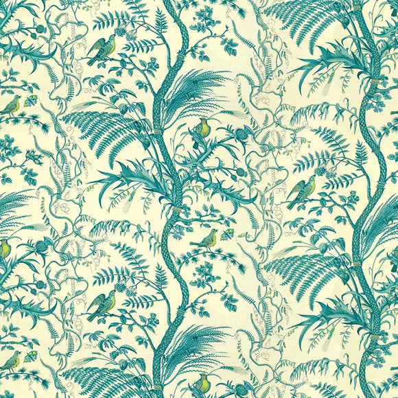 BIRD AND THISTLE COTTON PRINT CL AQUA Drapery Upholstery Fabric by Brunschwig & Fils
